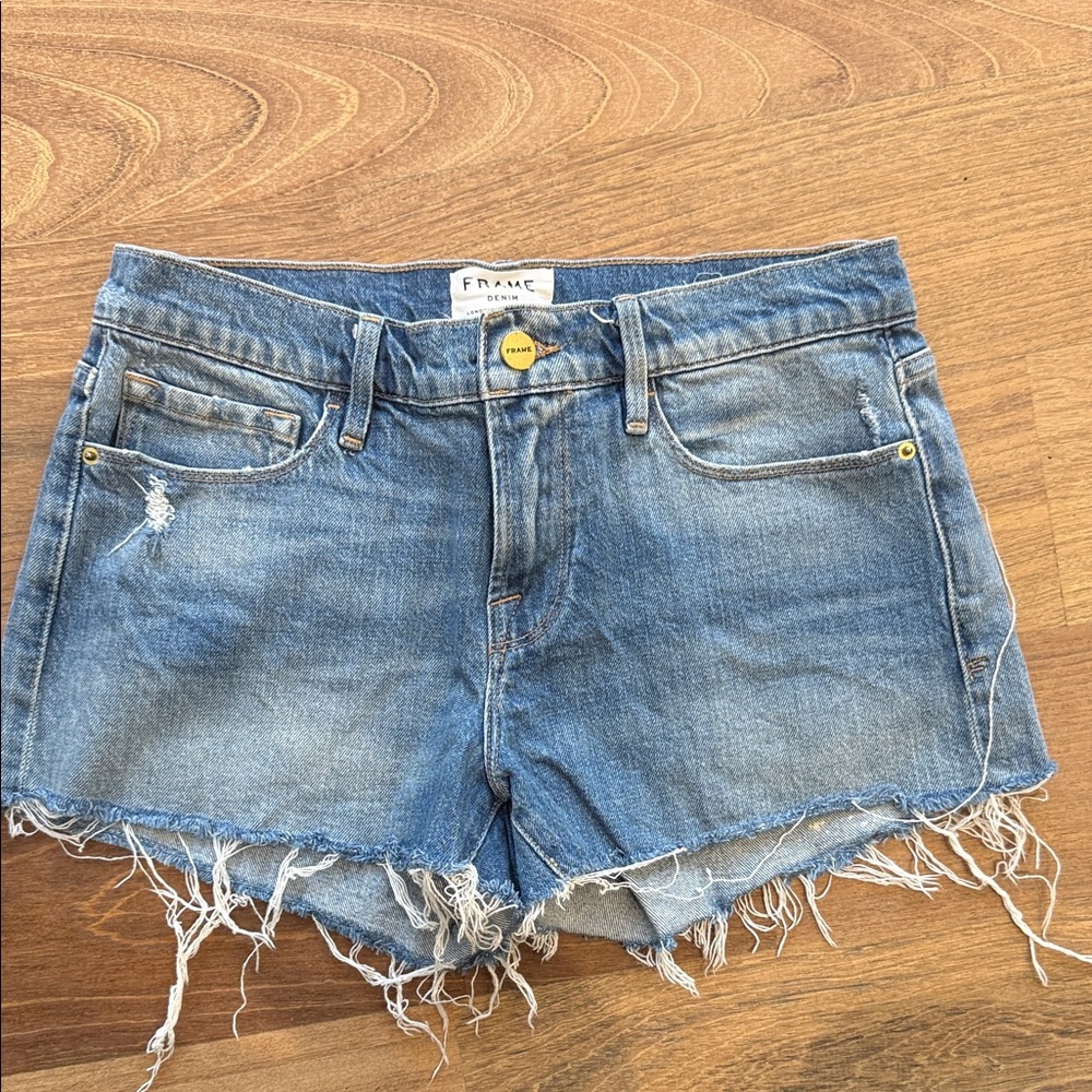 Frame Denim Blue Frayed Jean Shorts